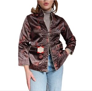 Vintage Y2K 90s Boho Brocade Chocolate Brown Mandarin Frog Button Silk Jacket